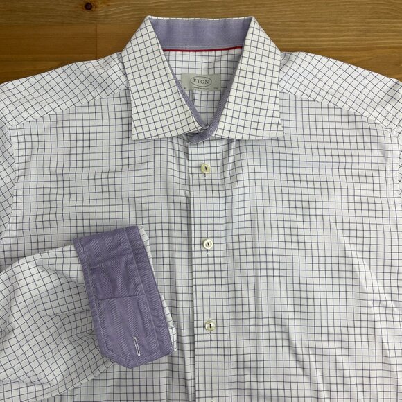 Eton Dress Shirt Mens 17.5-44 White Purple Check Long Sleeve Button Up FLAW - Picture 1 of 9